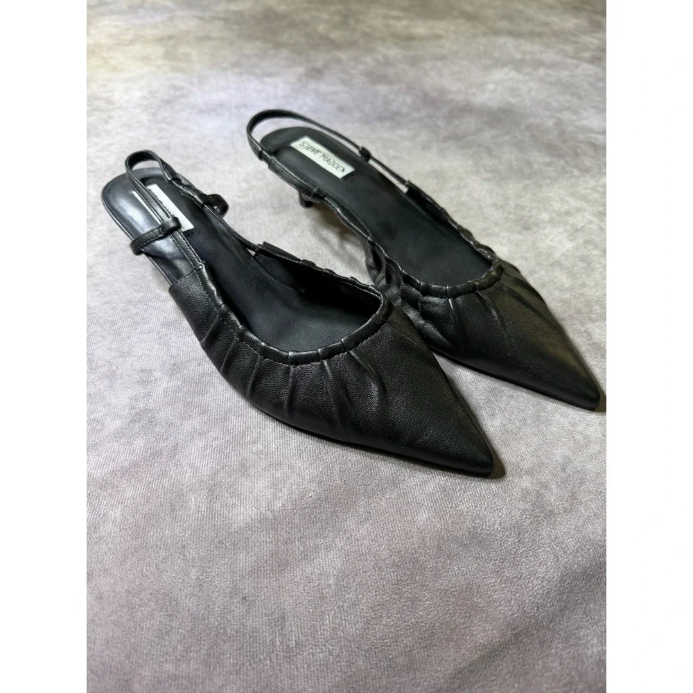 Steve Madden Earnest-R Black Leather Pleated Pointed Toe Slingback Kitten Heels